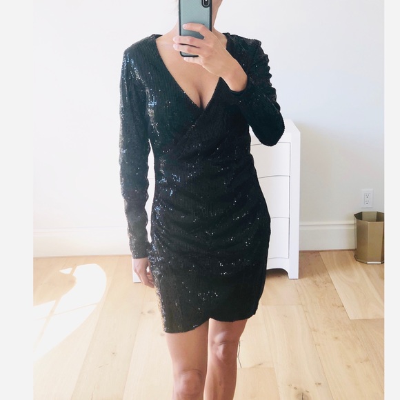 VEGAS Black Long Sleeve Sequin Surplice Dress - Picture 7 of 10
